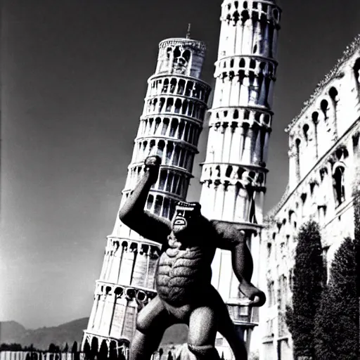 Image similar to king kong helps to straighten the tower of Pisa