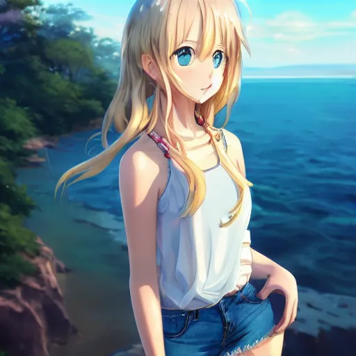 Image similar to a very beautiful anime girl, full body, long wavy blond hair, sky blue eyes, full round face, short smile, cute top, short jeans, summer lake setting, cinematic lightning, medium shot, mid-shot, highly detailed, trending on Artstation, Unreal Engine 4k, cinematic wallpaper by Stanley Artgerm Lau, WLOP, Rossdraws, James Jean, Andrei Riabovitchev, Marc Simonetti, and Sakimichan