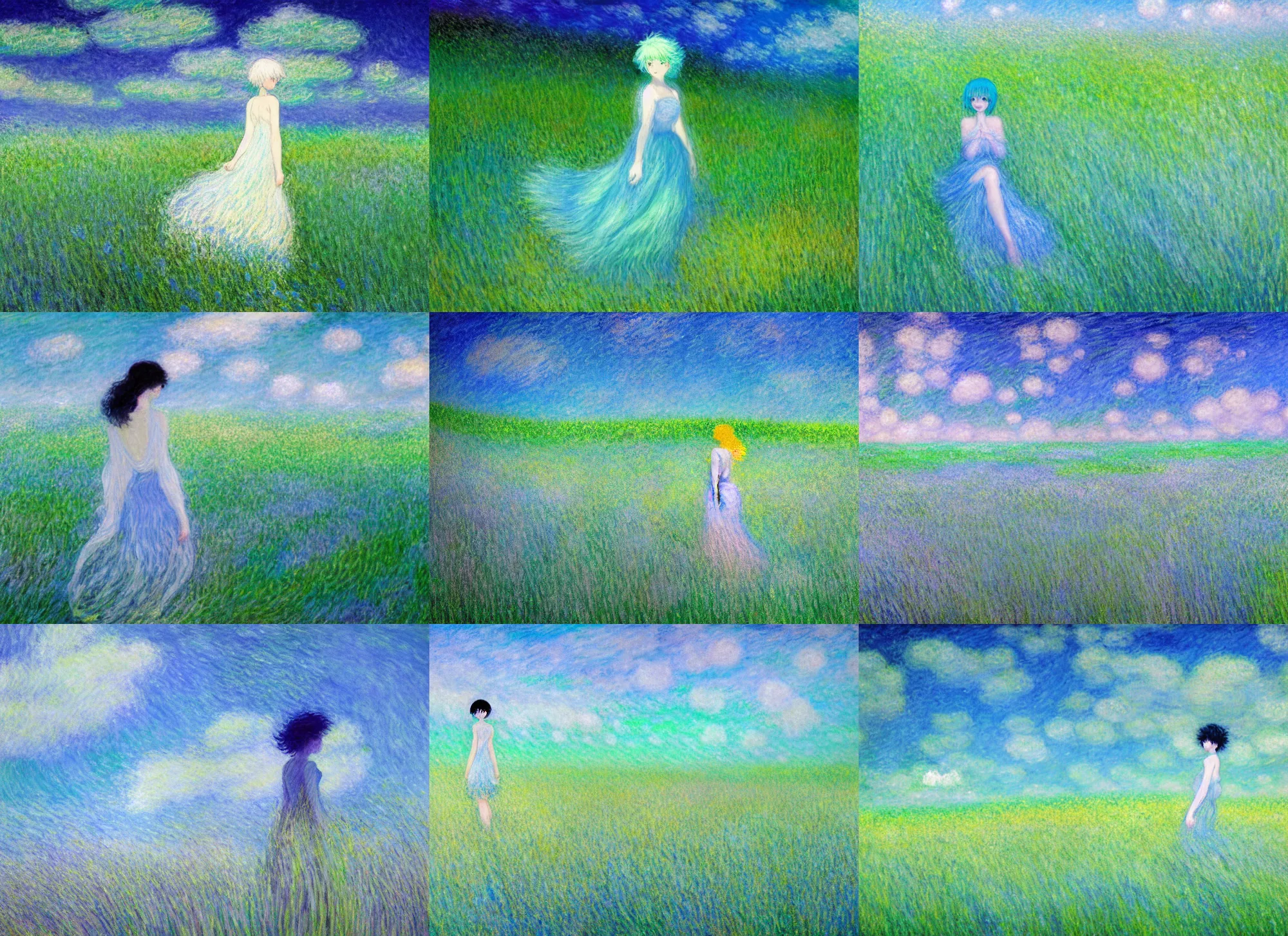 Prompt: houseki no kuni phosphophyllite, glowing crystalline person in a field of grass, swirling clouds, impressionist painting, claude monet, pastel colours