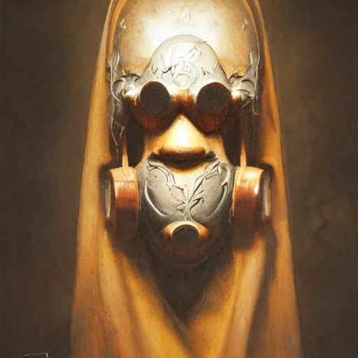 Prompt: cultist wooden mask, front view, by rembrandt, peter mohrbacher