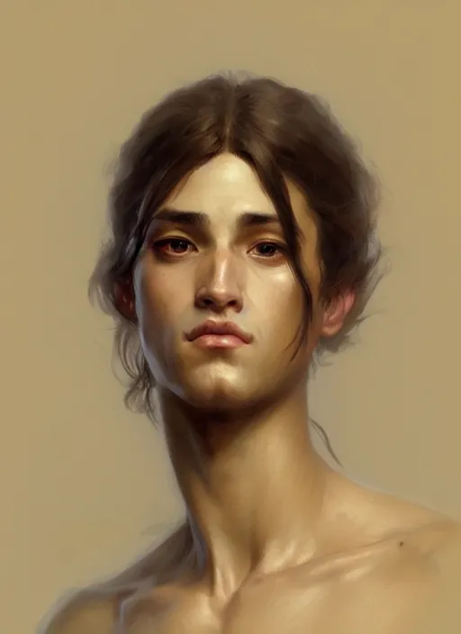 Prompt: Portrait of a handsome person that is half woman half man, intricate, elegant, highly detailed, artstation, concept art, smooth, sharp focus, illustration, art by and greg rutkowski and orientalism and bouguereau