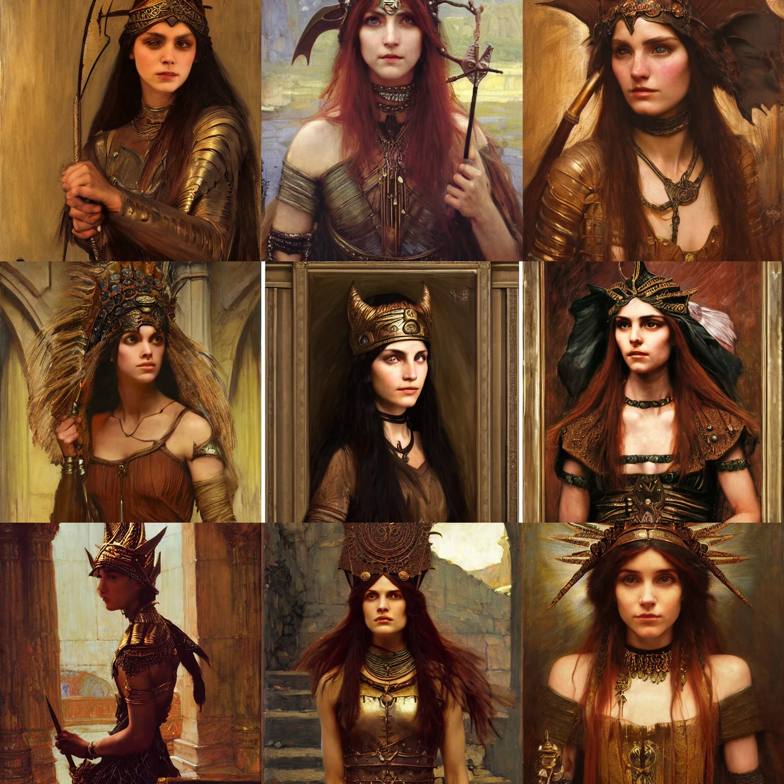 Prompt: dungeons and dragons witch wearing a bronze headdress intricate portrait by john william waterhouse and Edwin Longsden Long and Theodore Ralli and Nasreddine Dinet, oil on canvas. Cinematic, hyper realism, dramatic lighting, high detail 8k