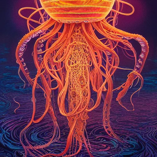 Prompt: a beautiful hyperrealistic ultradetailed comic art of gigantic glowing complex multi-layered intricate jellyfish creatures with long flowing tendrils, by Justin Gerard and Laurie Greasley and Peter Mohrbacher and Dan Mumford, tarot card art, detailed shading, vray octane, redshift. micro details, dramatic lighting, volumetric lighting, 8k