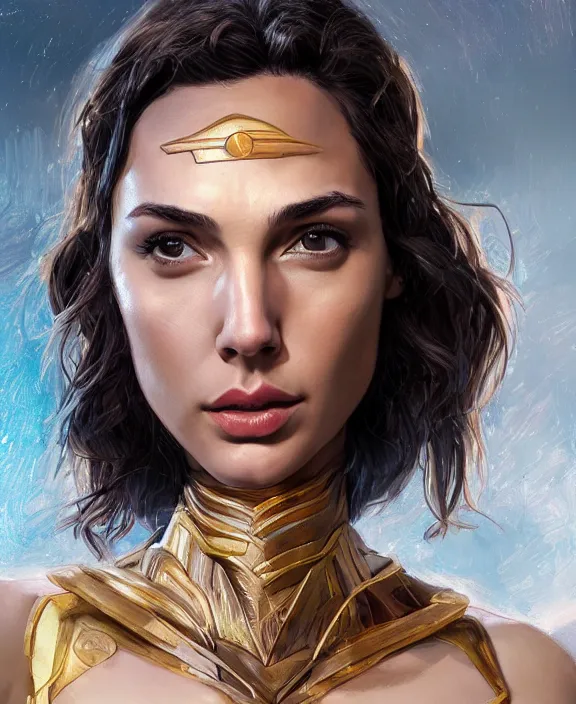 Prompt: gal gadot, hyper detailed, digital art, radiant highlight, trending in artstation, cinematic lighting, studio quality, smooth render, unreal engine 5 rendered, octane rendered, art style by klimt and nixeu and ian sprigger and wlop and krenz cushart.