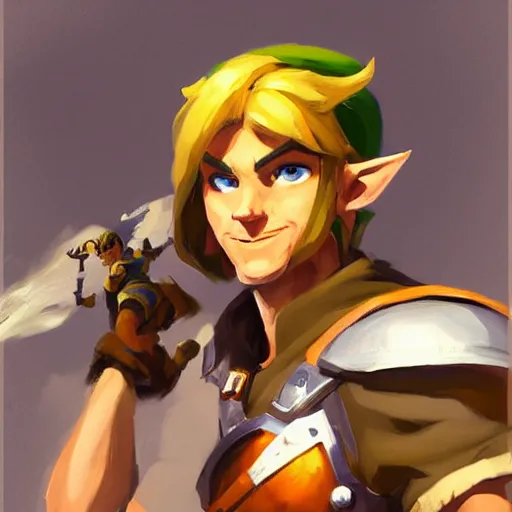 Image similar to greg manchess portrait painting of link from legend of zelda as overwatch character, medium shot, asymmetrical, profile picture, organic painting, sunny day, matte painting, bold shapes, hard edges, street art, trending on artstation, by huang guangjian and gil elvgren and sachin teng