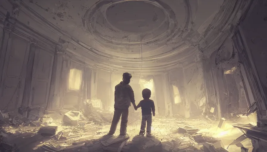 Image similar to father and son exploring destroyed white house with glow sticks, moonlight through windows, dark corridors, debris, covered by vegeration, hyperdetailed, artstation, cgsociety, 8 k