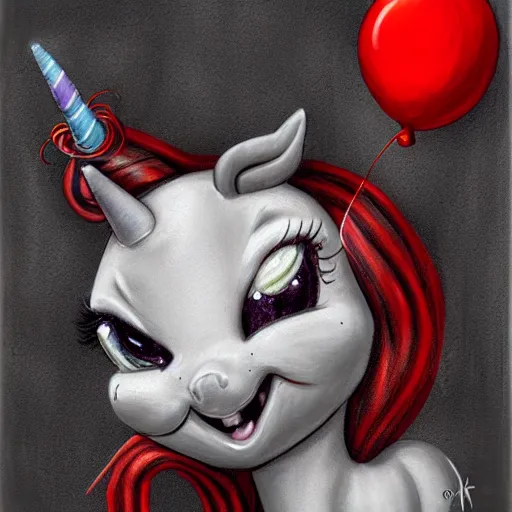 Image similar to surrealism grunge cartoon portrait sketch of my little pony with a wide smile and a red balloon by - michael karcz, loony toons style, my little pony style, horror theme, detailed, elegant, intricate