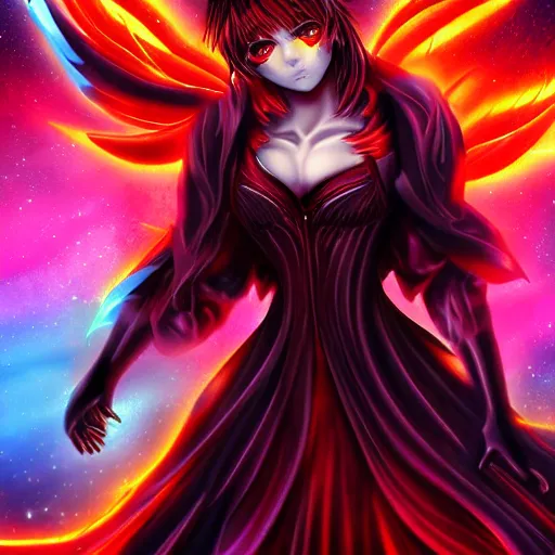 Image similar to villan angel handsome in love slayer art, night, electro lines, anime style, detailed face, high quality, smooth in 8k, sharp focus, beautiful scene, black border, beautiful scene with a lot of colors, colorful fire, many colors