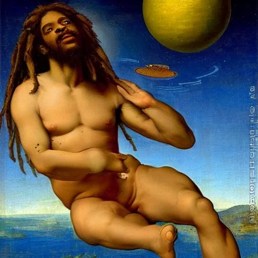 Prompt: a Rastafarian floating in space, renaissance painting, high quality, highly detailed, anatomically correct, complementary colors