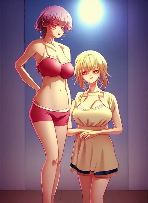 Image similar to two beautiful mothers in a summer home, gorgeous faces, thick lines, cinematic lighting, detailed anime art