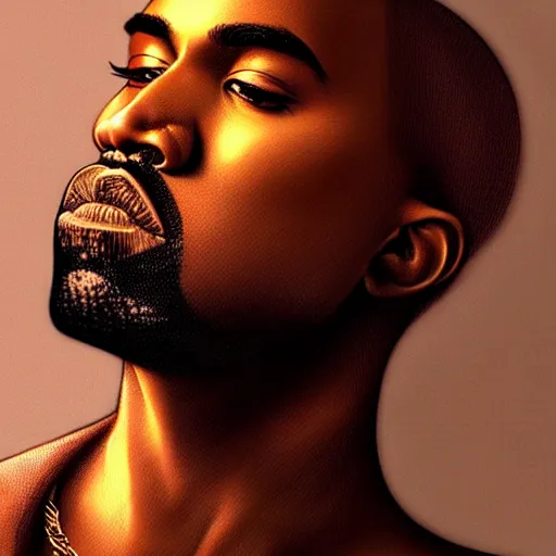 Image similar to : beautiful portrait of kanye west, fantasy, intricate, elegant, highly detailed, digital painting, artstation, concept art, smooth, sharp focus, luxury fashion illustration, art by artgerm and greg rutkowski and alphonse mucha, brightly lit cinematic soft lighting, photorealistic