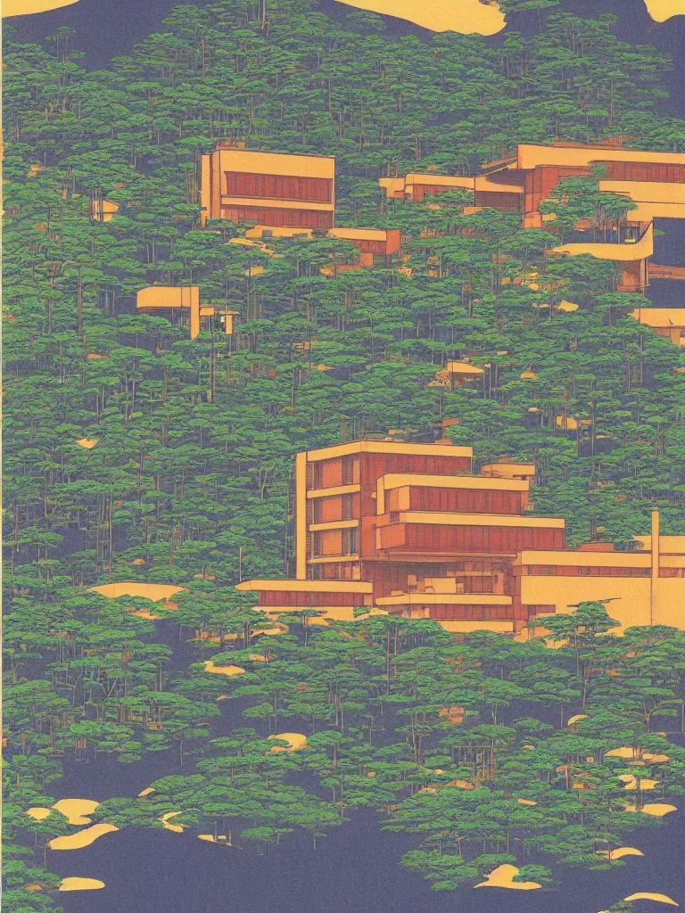 Image similar to a psychedelic hallucination of a brutalist hotel in the mountains, by kawase hasui, moebius, edward hopper, colorful flat surreal design, dramatic lighting, hd, 8 k, artstation