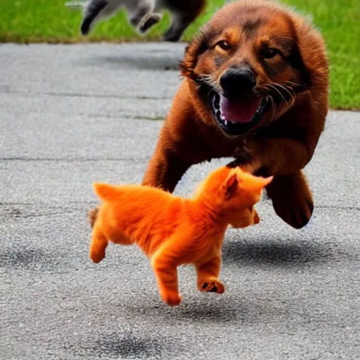 Image similar to a giant orange cat chasing after a little puppy dog