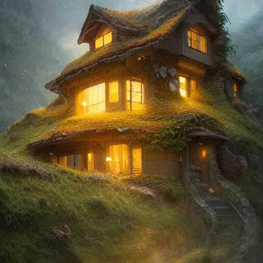 Image similar to small hillside house made of honey and milk, modern lighting, hyper - realistic, hyper - detailed, 8 k, octane rendered, art nouveau, organic, flowing, impossible torsion, writhing, dusk, lush, dynamic, in the style of ross tran and jean baptiste monge