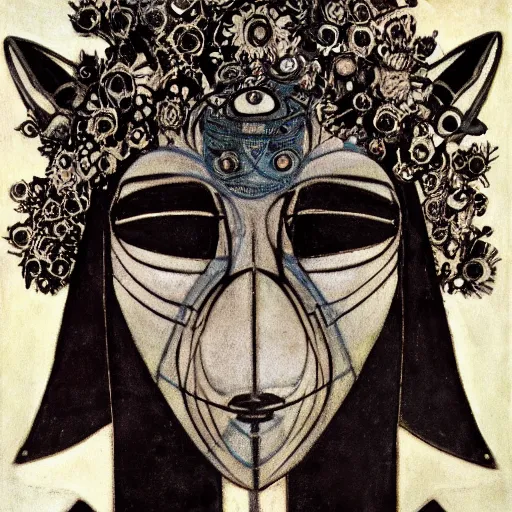 Image similar to head of a beautiful machine shaman wearing a mask made of metal flowers, by annie swynnerton and nicholas roerich and jean delville and john watkiss, art deco shaman, stylized geometric flowers, art brut, symbolist, dramatic lighting, god rays, iridescent beetles, clean crisp graphics, smooth sharp focus, extremely detailed, adolf wolfli