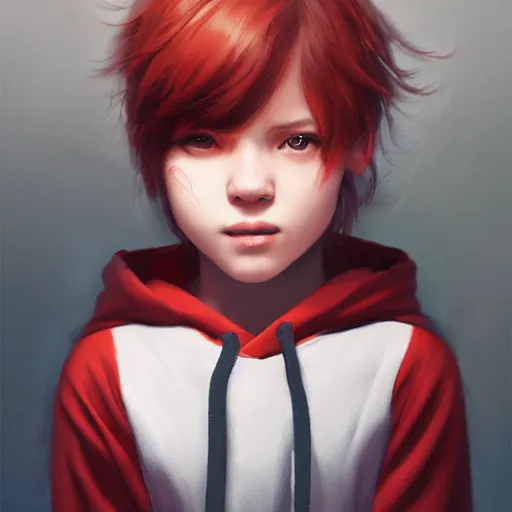 Image similar to a tiny girl with short red hair wearing a hoodie, digital art, cute face, very beautiful face, pretty face, very detailed eyes, full body illustration, 8 k resolution, soft painting, by greg rutkowski, wlop, rossdraws,