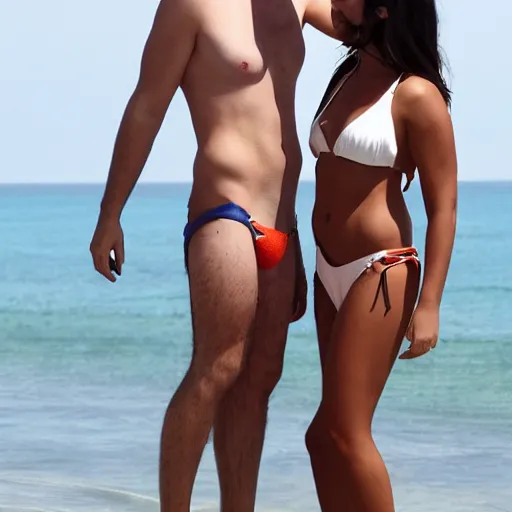 Image similar to photo of a 4 0 year old man that looks young for his age dating a very attractive 2 2 year old woman wearing a bikini. they are at a very expensive club.