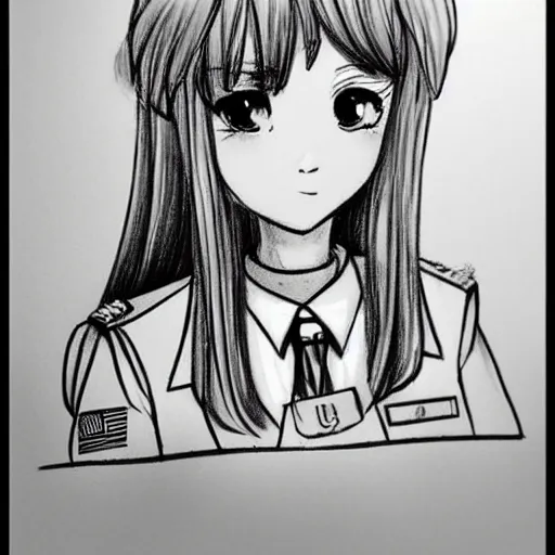 Prompt: beautiful girl, elegant, us army captain uniform, anime girl wearing uniform, sketch, drawing, doodle, hand - drawn