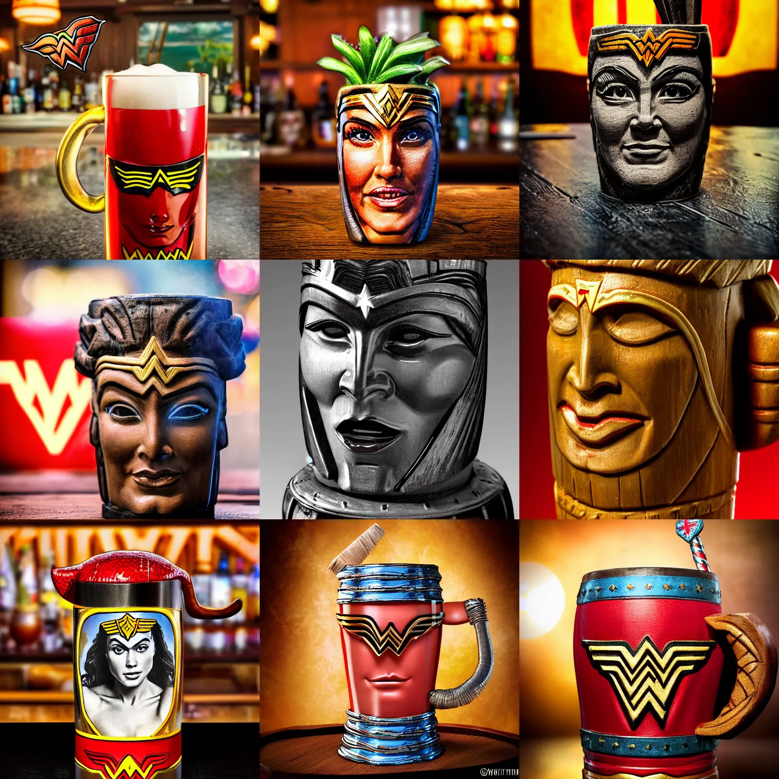 Prompt: a closeup photorealistic photograph of a wonder woman style tiki mug placed on a trader vic's bar featuring wonder woman's face. tiki theme. bright scene. fine detail. this 4 k hd image is trending on artstation, featured on behance, well - rendered, extra crisp, features intricate detail, epic composition and the style of unreal engine.