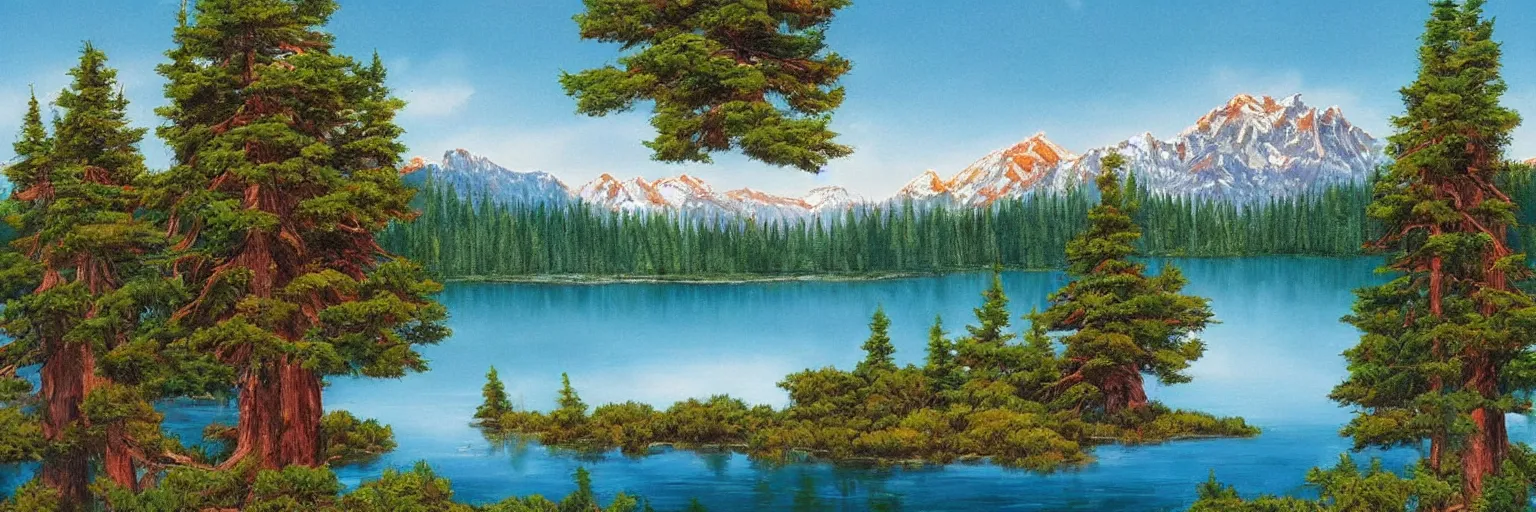 Prompt: a lake surrounded by pine trees with mountains in the background painted by Bob Ross