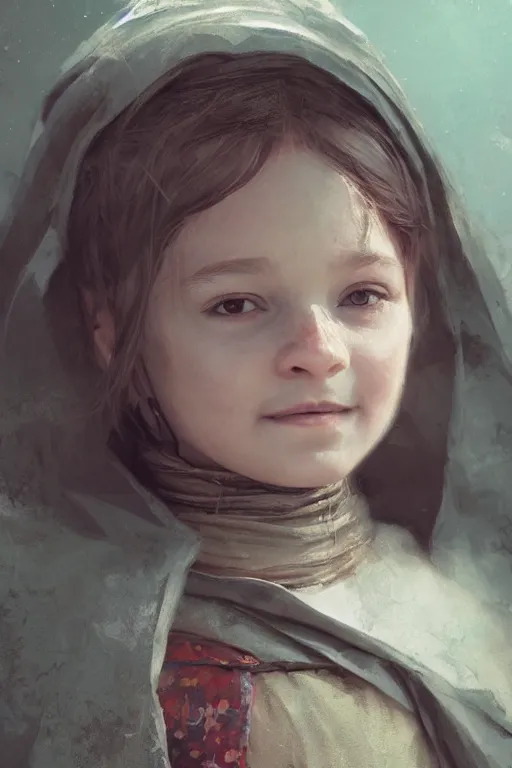 Image similar to medieval little girl, joyful, close-up portrait, intricate, elegant, volumetric lighting, scenery, digital painting, highly detailed, artstation, sharp focus, illustration, concept art, ruan jia, steve mccurry