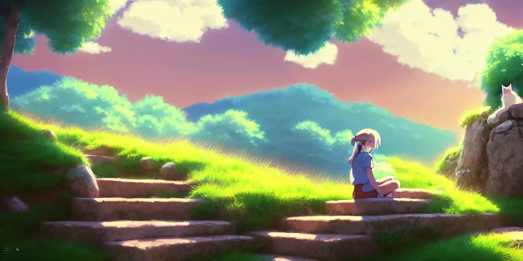Prompt: the girl and the cat, sitting on stairs. morning in a small village in the mountains, rocky roads, beautifull puffy clouds. anime, studio ghibli. intricate, beautiful, cinematic. professional digital painting, artstation, concept art, smooth, Unreal Engine 5, 8k, cinema 4d, 3D