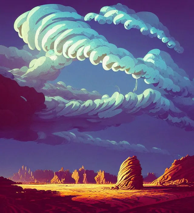 Prompt: a 🌊 swirling in the sky above a barren 🏜 by ivan shishkin and zacharias aagaard and simon stalenhag and dan mumford, chiaroscuro, hyper detailed, high saturation, retrowave