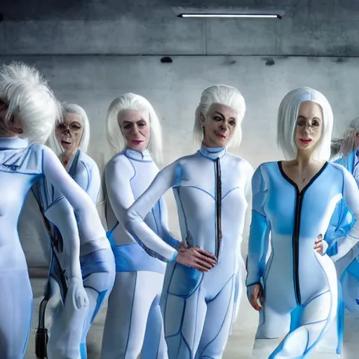 Image similar to troop of freak show women with white hair, white hair, tight light blue neopren suits, futuristic production facility, sci - fi, highly detailed, cinematic