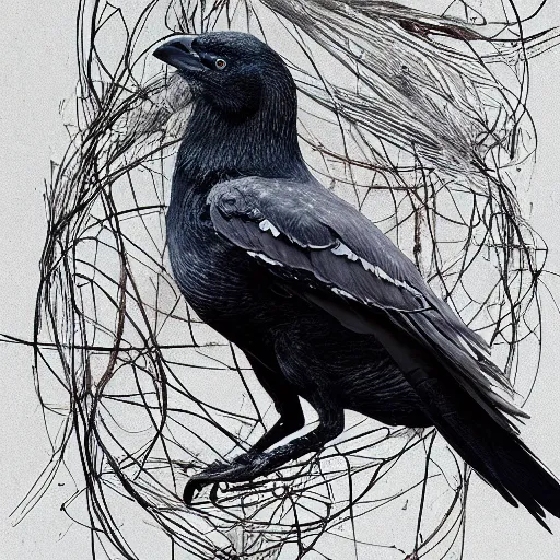 Image similar to a silver feathered partially wireframed jackdaw, with a fine paintbrush in it's beak, creating artwork on canvas, by leesha hannigan, ross tran, thierry doizon, kai carpenter, ignacio fernandez rios
