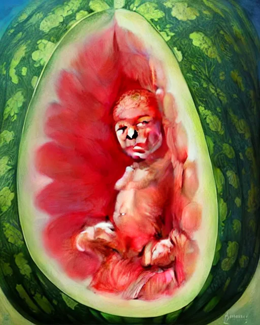 Prompt: a watermelon womb, baby in a transparent womb made of watermelon, gestation inside a watermelon, transparent, highly detailed, digital painting, artstation, concept art, smooth, sharp focus, illustration, art by artgerm and greg rutkowski and alphonse mucha