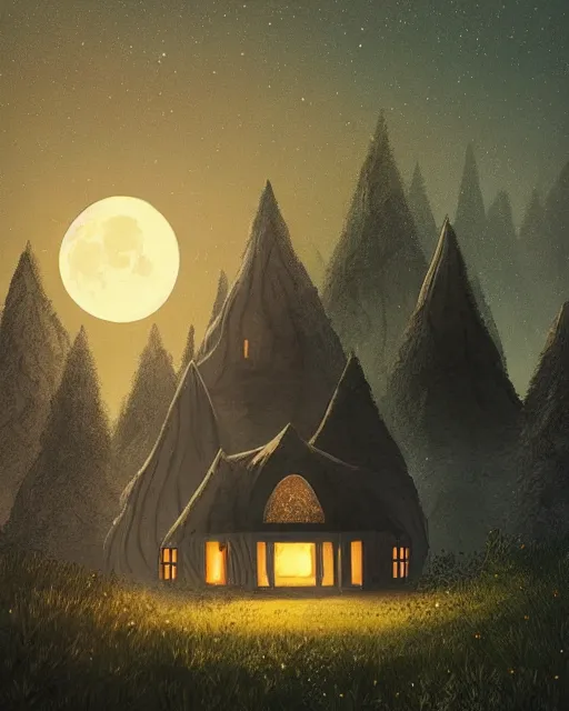 Prompt: beautiful painting of a serene moon at night over a elven house, art by mike winkelmann, sky night, illustration, highly detailed, simple, smooth and clean vector curves, no jagged lines, vector art, smooth, artstation