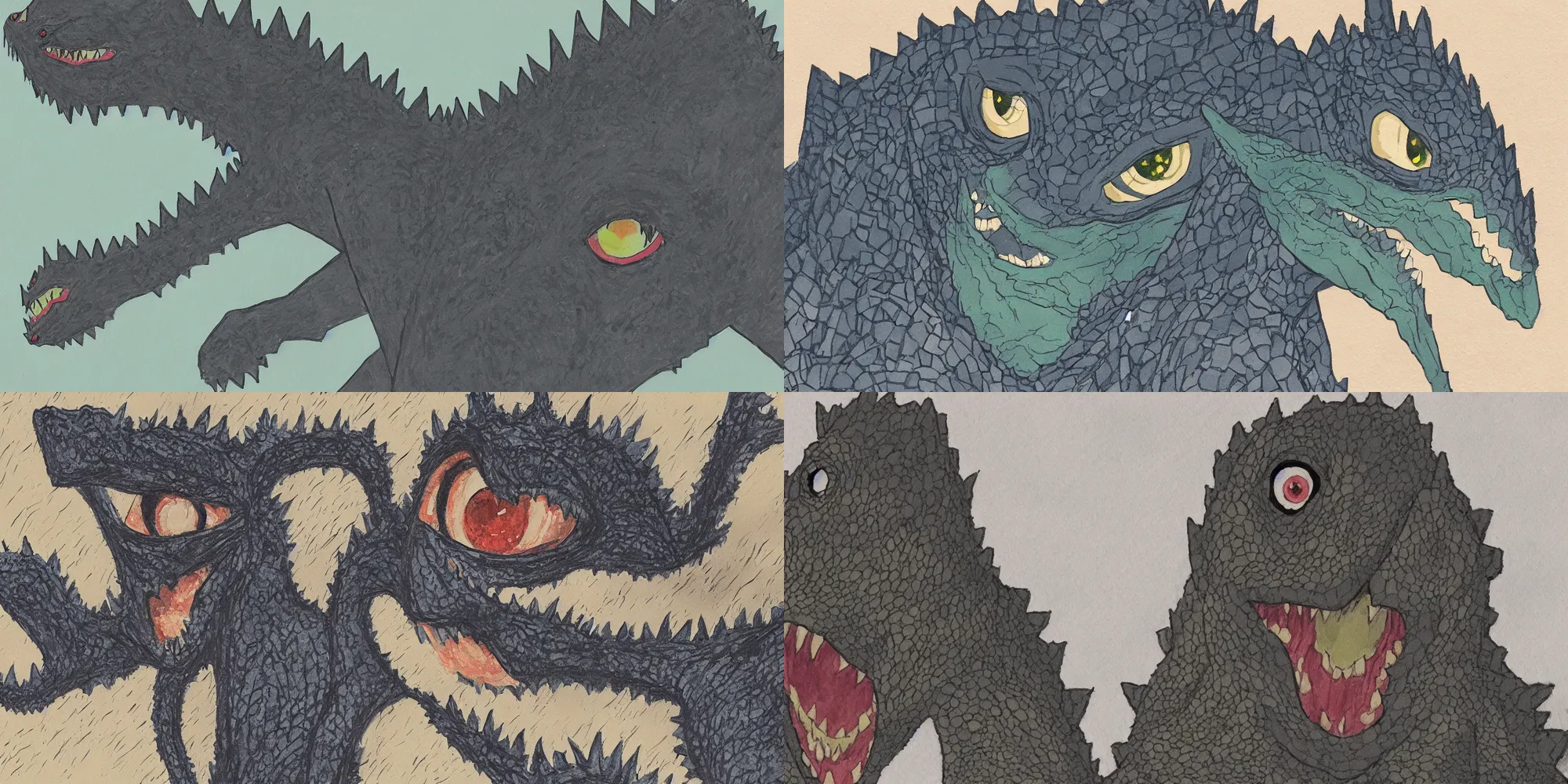 Prompt: eyes of godzilla in the gouache style of kyoto animation