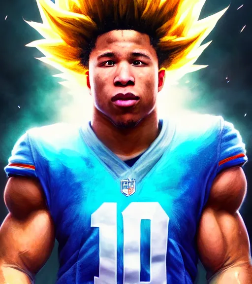 Image similar to highly detailed portrait of super saiyan saquon barkley ny giants football, unreal engine, fantasy art by greg rutkowski, loish, rhads, ferdinand knab, makoto shinkai and lois van baarle, ilya kuvshinov, rossdraws, tom bagshaw, global illumination, radiant light, detailed and intricate environment