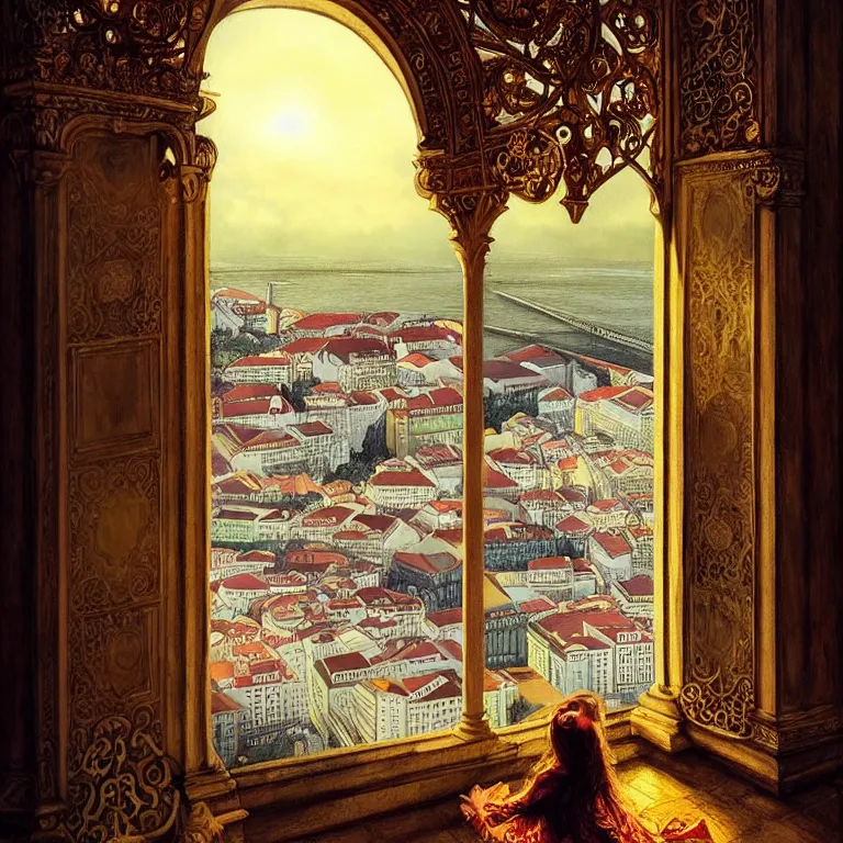 Prompt: The City of Lisbon from the window a rich girl, fantasy, intricate, elegant, dramatic lighting, emotionally evoking symbolic metaphor, highly detailed, lifelike, photorealistic, digital painting, artstation, concept art, smooth, sharp focus, illustration, art by John Collier and Albert Aublet and Krenz Cushart and Artem Demura and Alphonse Mucha