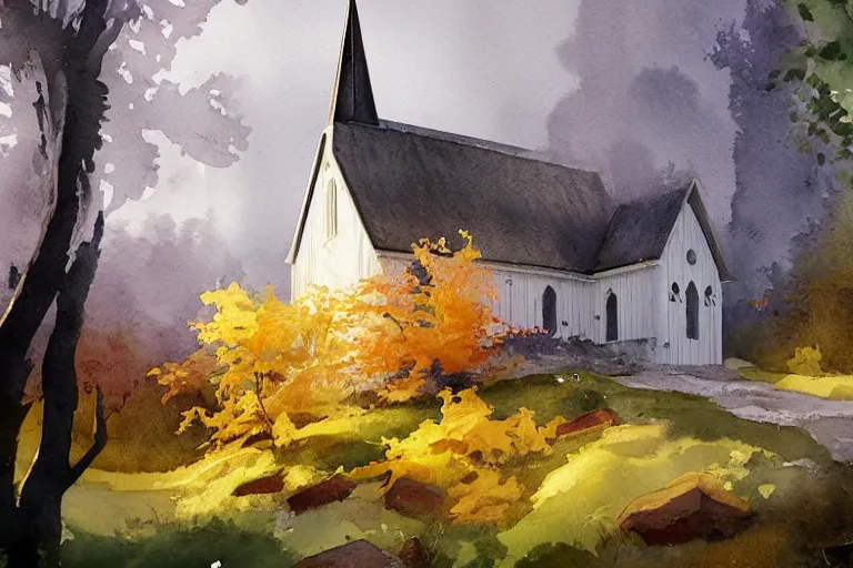 Prompt: small centered on watercolor paper, paint brush strokes, abstract watercolor painting of traditional scandinavian wooden church, medieval chapel, translucent leaves, cinematic light, national romanticism by hans dahl, by jesper ejsing, by anders zorn, by greg rutkowski, by greg manchess, by tyler edlin