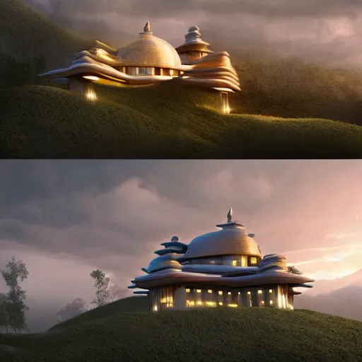 Image similar to futuristic house inspired by a tibetan palace between big trees, yellow clouds, dramatic lighting, artstation, matte painting, raphael lacoste, simon stalenhag, frank lloyd wright, zaha hadid