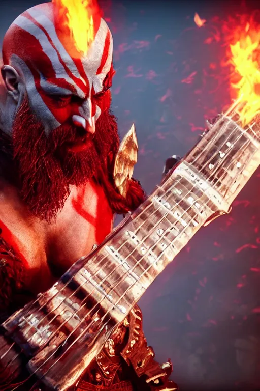 Image similar to red face paint armored screaming kratos rocking out on a flaming stratocaster guitar, cinematic render, god of war 2 0 1 8, playstation studios official media, lightning, flames, left eye red stripe, red left eye stripe, left eye red stripe, red left eye stripe, clear, coherent