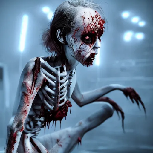 Image similar to angry zombie female in swim - suit, full body portrait, perfect body, rib cage open, horror core, apocalyptic, feeling of grimdark, sharp focus, fiction, hyper detailed, digital art, trending in artstation, cinematic lighting, studio quality, smooth render, unreal engine 5 rendered, octane rendered, art style and nixeu and wlop and krenz cushart