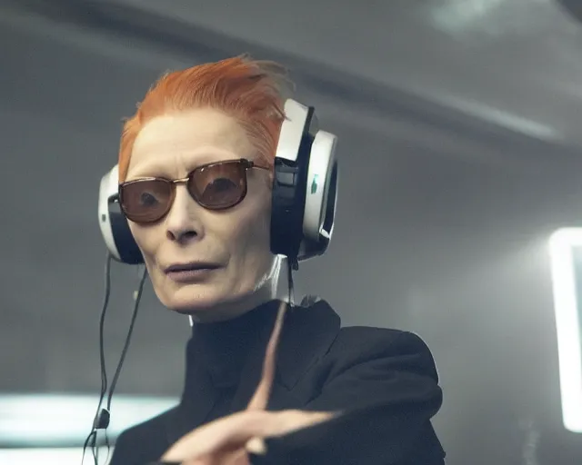 Prompt: Tilda Swinton as a techno DJ in Hideo Kojima's Snatcher