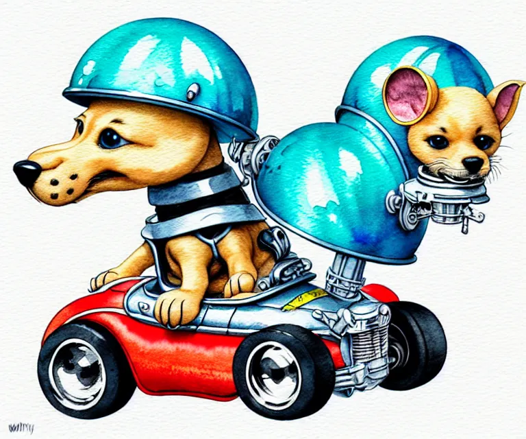 Image similar to cute and funny, puppy wearing a helmet riding in a tiny hot rod with an oversized engine, ratfink style by ed roth, centered award winning watercolor pen illustration, isometric illustration by chihiro iwasaki, edited by range murata, tiny details by artgerm and watercolor girl, symmetrically isometrically centered, sharply focused