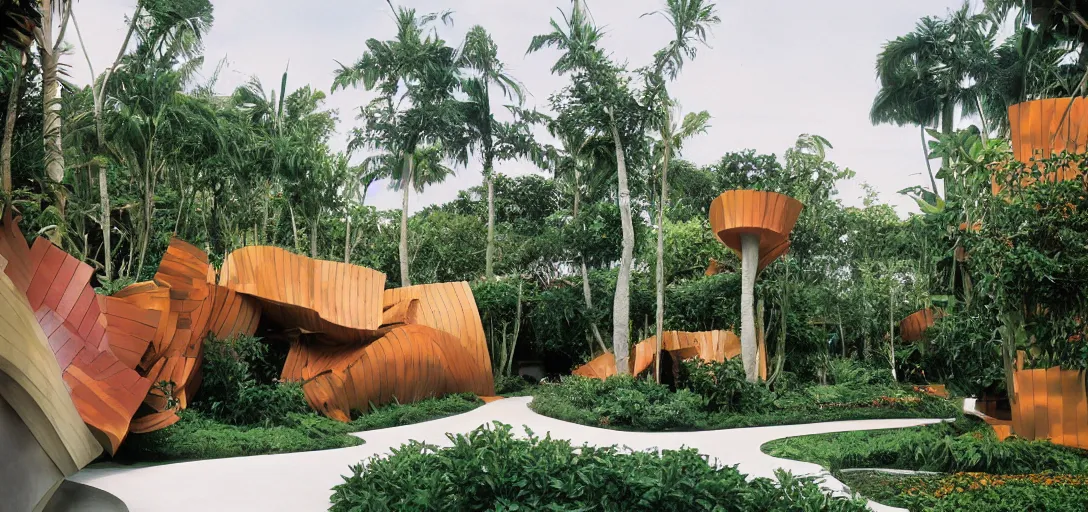 Image similar to palafito designed by frank gehry. outdoor landscaping designed by roberto burle marx. fujinon premista 1 9 - 4 5 mm t 2. 9. portra 8 0 0.