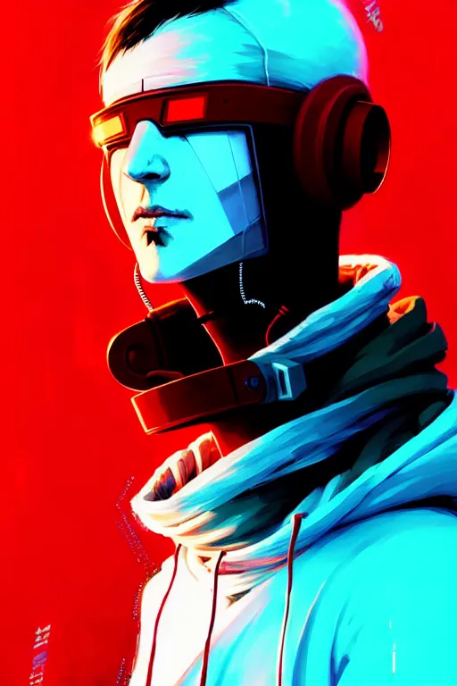 Image similar to cyberpunk synth, hyper - realistic portrait of a man in a white and red hoodie, cyberpunk, by atey ghailan, by greg rutkowski, by greg tocchini, by james gilleard, by joe fenton, by kaethe butcher, dynamic lighting, gradient light blue, brown, blonde cream and white color scheme, grunge aesthetic