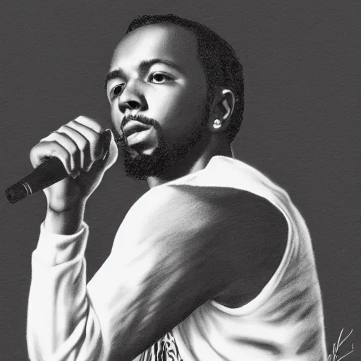 Image similar to black and white graphite drawing of Kendrick Lamar