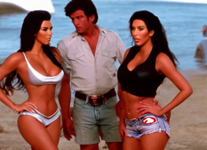 Image similar to movie still of kim kardashian as daisy duke in the movie the dukes of hazzard