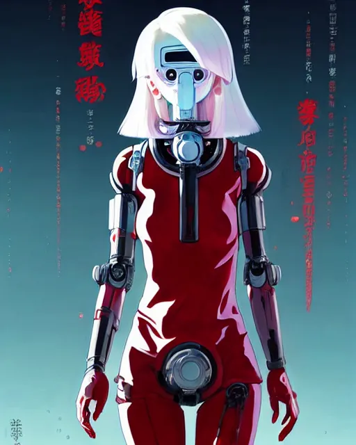 Image similar to white haired cyborg girl wearing gas mask and red dress | | audrey plaza, warframe armor, fine detail!! anime!! realistic shaded lighting!! poster by ilya kuvshinov katsuhiro otomo ghost - in - the - shell, magali villeneuve, artgerm, jeremy lipkin and michael garmash and rob rey