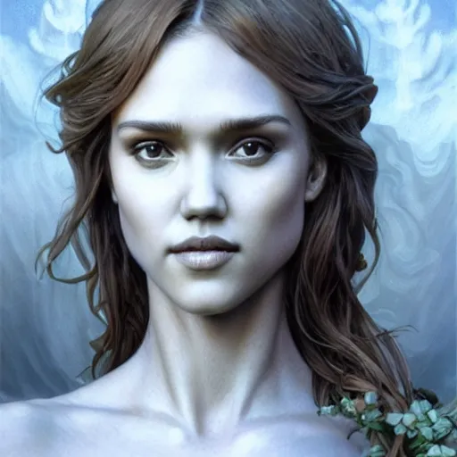 Image similar to jessica alba marble statue, cinematic lighting, fantasy, intricate, highly detailed, lifelike, photorealistic, digital painting, artstation, illustration, concept art, sharp focus, art by john collier and albert aublet and krenz cushart and artem demura and alphonse mucha