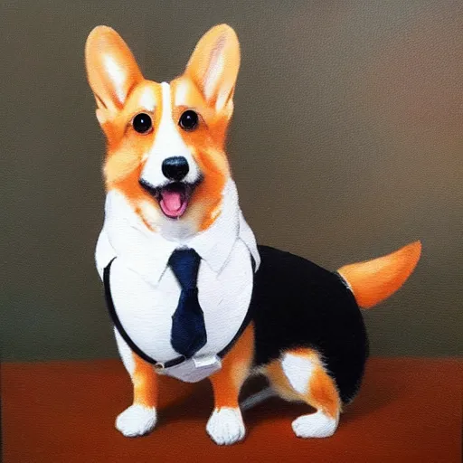 Image similar to oil painting, a developer corgi in a suit, intricate, masterpiece, artstation, stunning