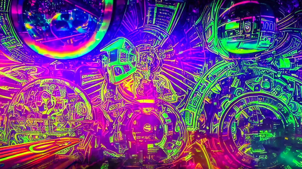 Prompt: a futuristic wolrd of machine with dmt visions in a high spiritual world, colorful, rainbow, glow - in - the - dark, fractoluminescence, refractive, plasma, electric