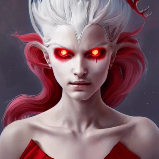 Image similar to ultra realistic illustration, dream humanoid demon girl with white hair, red horns, in white clothes, red eyes, intricate, elegant, highly detailed, digital painting, artstation, concept art, smooth, sharp focus, illustration, art by artgerm and greg rutkowski and alphonse mucha