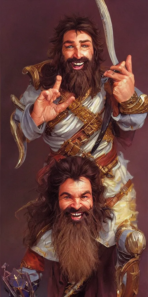 Image similar to beautiful portrait painting of a very short and small male halfing bard with brown hair with some grey hairs, full beard, ridiculous smile, from pathfinder, evil smirk, narcissist, self centered, painted by larry elmore, wayne reynolds, greg rutkowski, magic the gathering, dungeons and dragons, dishonored 2